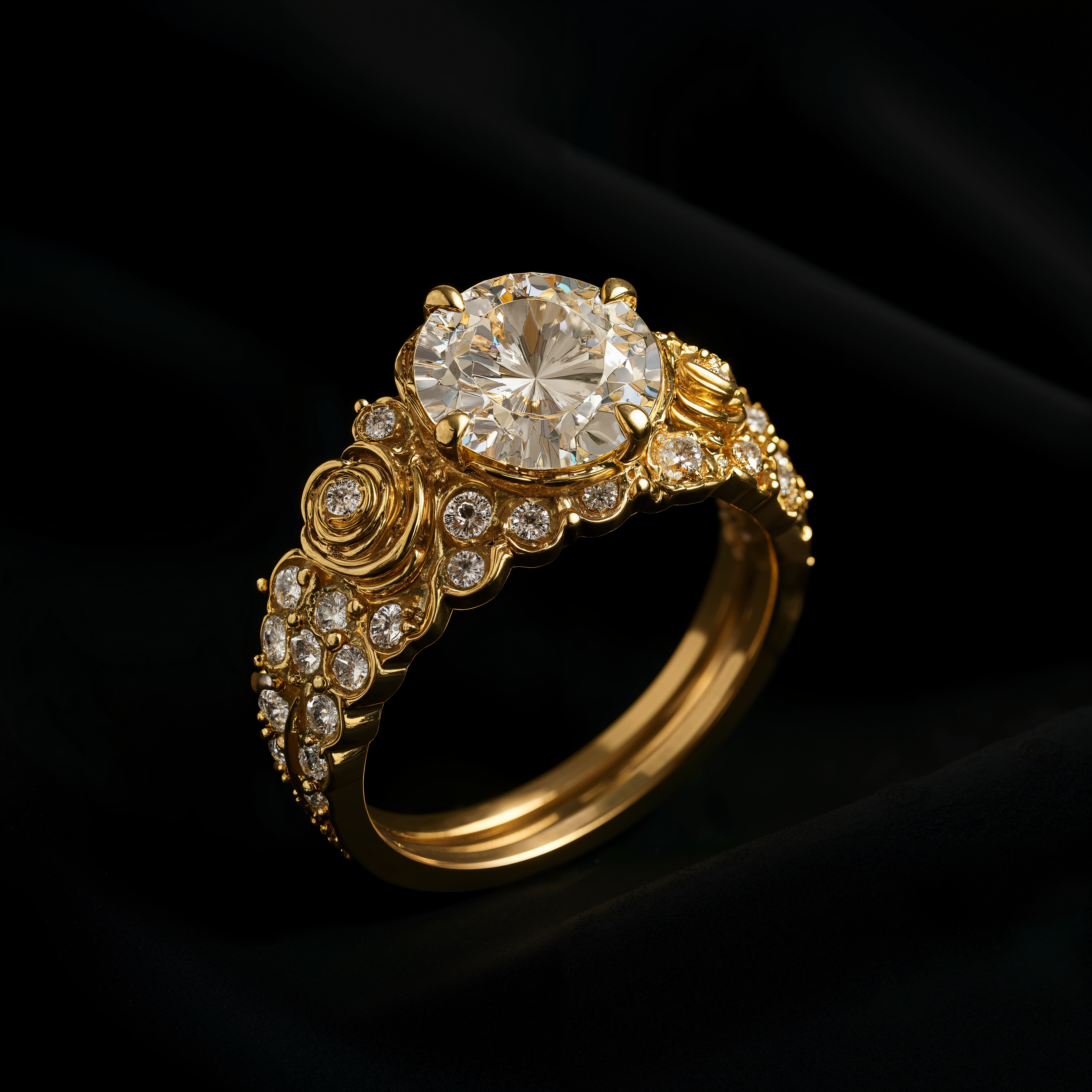 Gold ring with a large diamond and intricate design on a black background