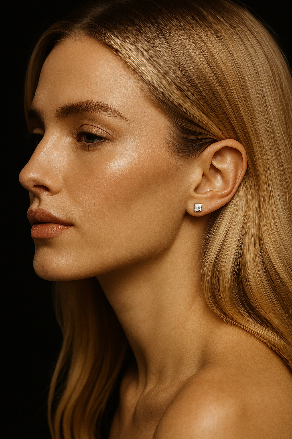 Close-up of a woman wearing a diamond earring against a dark background