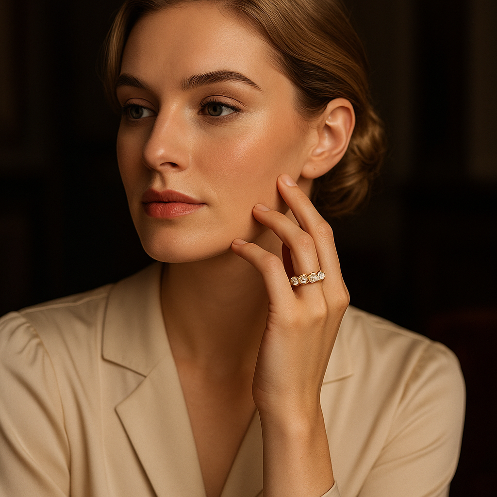 Woman wearing a diamond ring with a dark background
