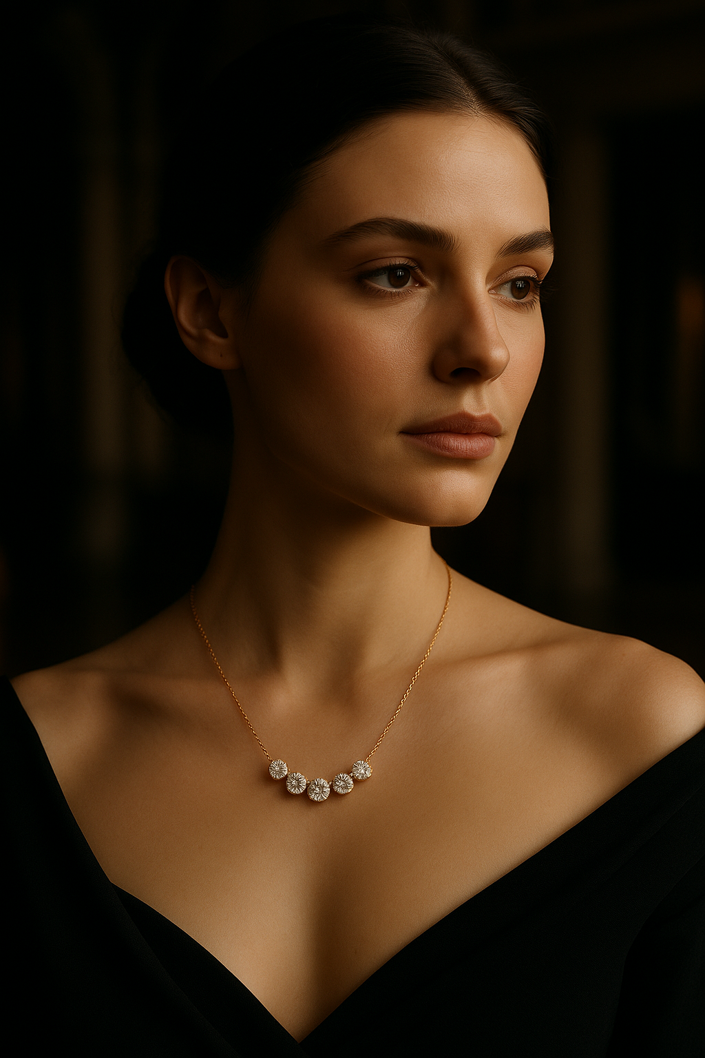 Woman wearing a delicate necklace with a dark background