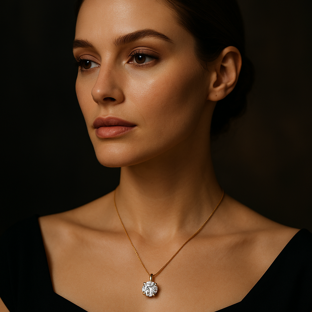 Close-up of a woman wearing a necklace with a pendant against a dark background