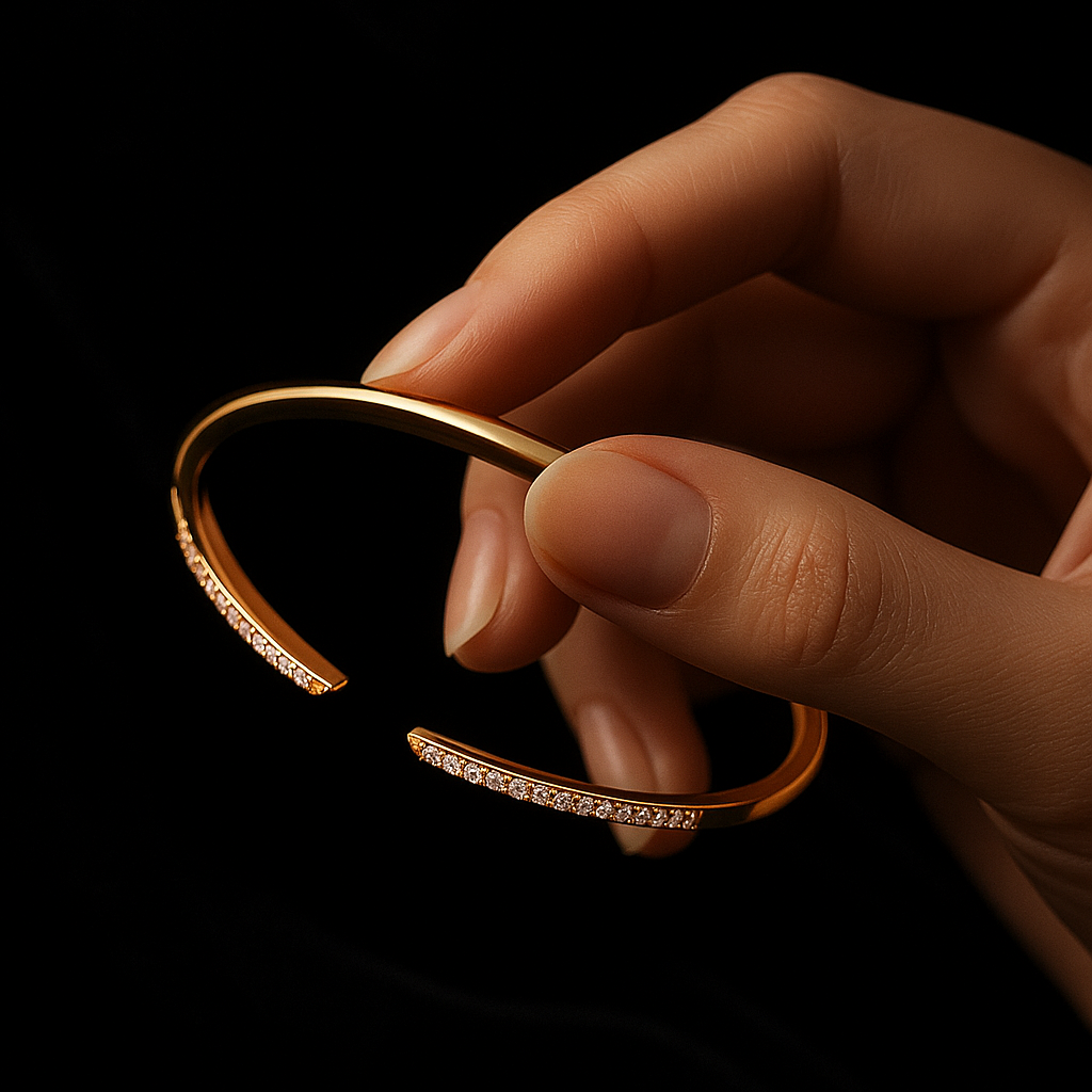 Gold bracelet held by a hand against a black background