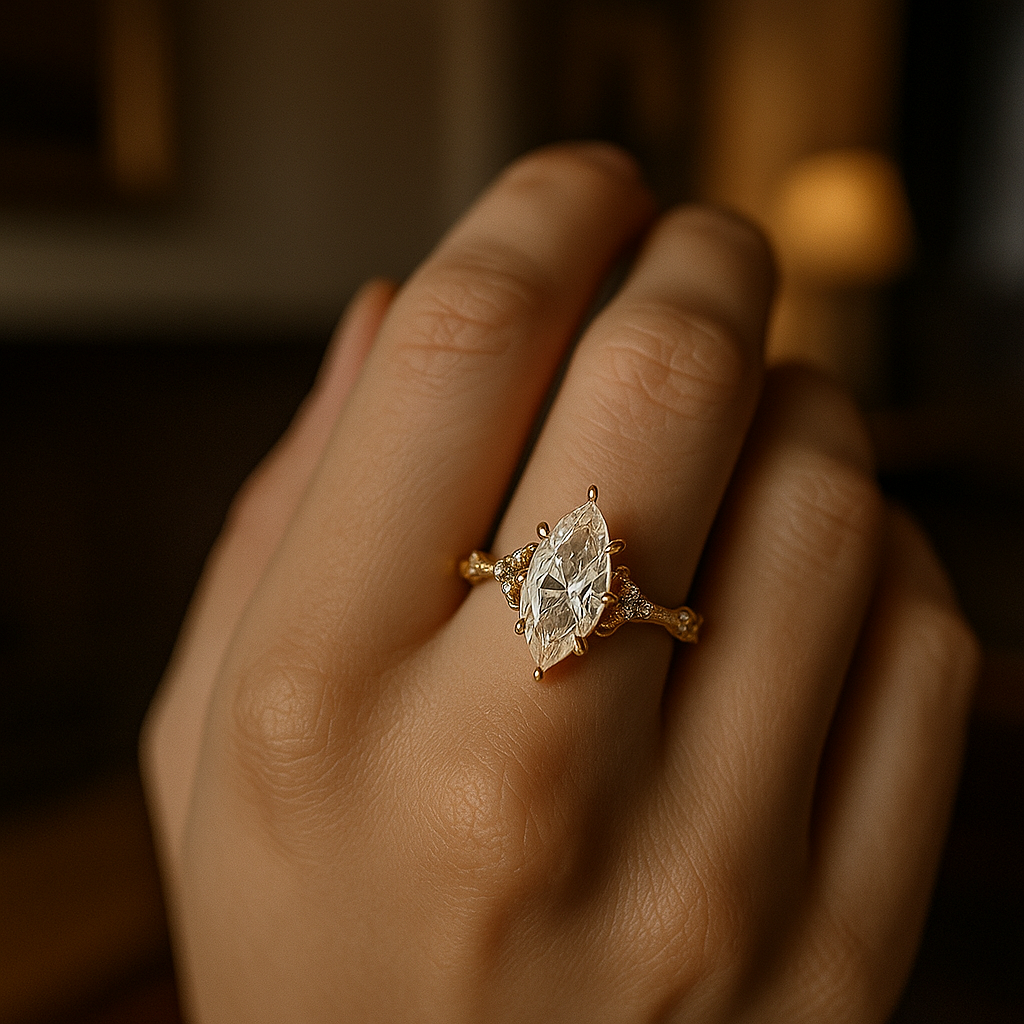 Gold ring with a large diamond on a hand against a blurred background