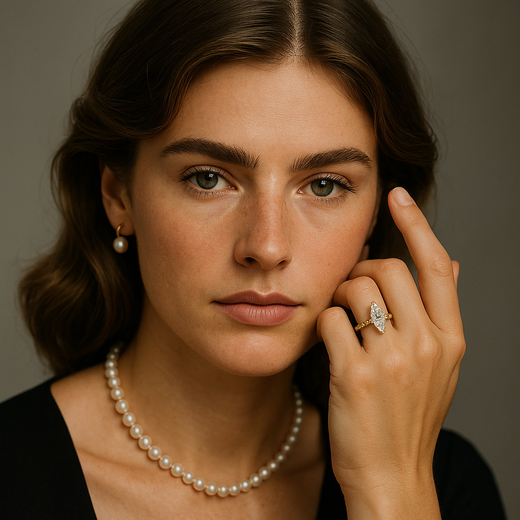Woman wearing a pearl necklace and gold ring against a neutral background
