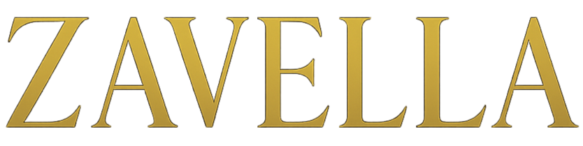 Gold 'Zavella' logo on a white background