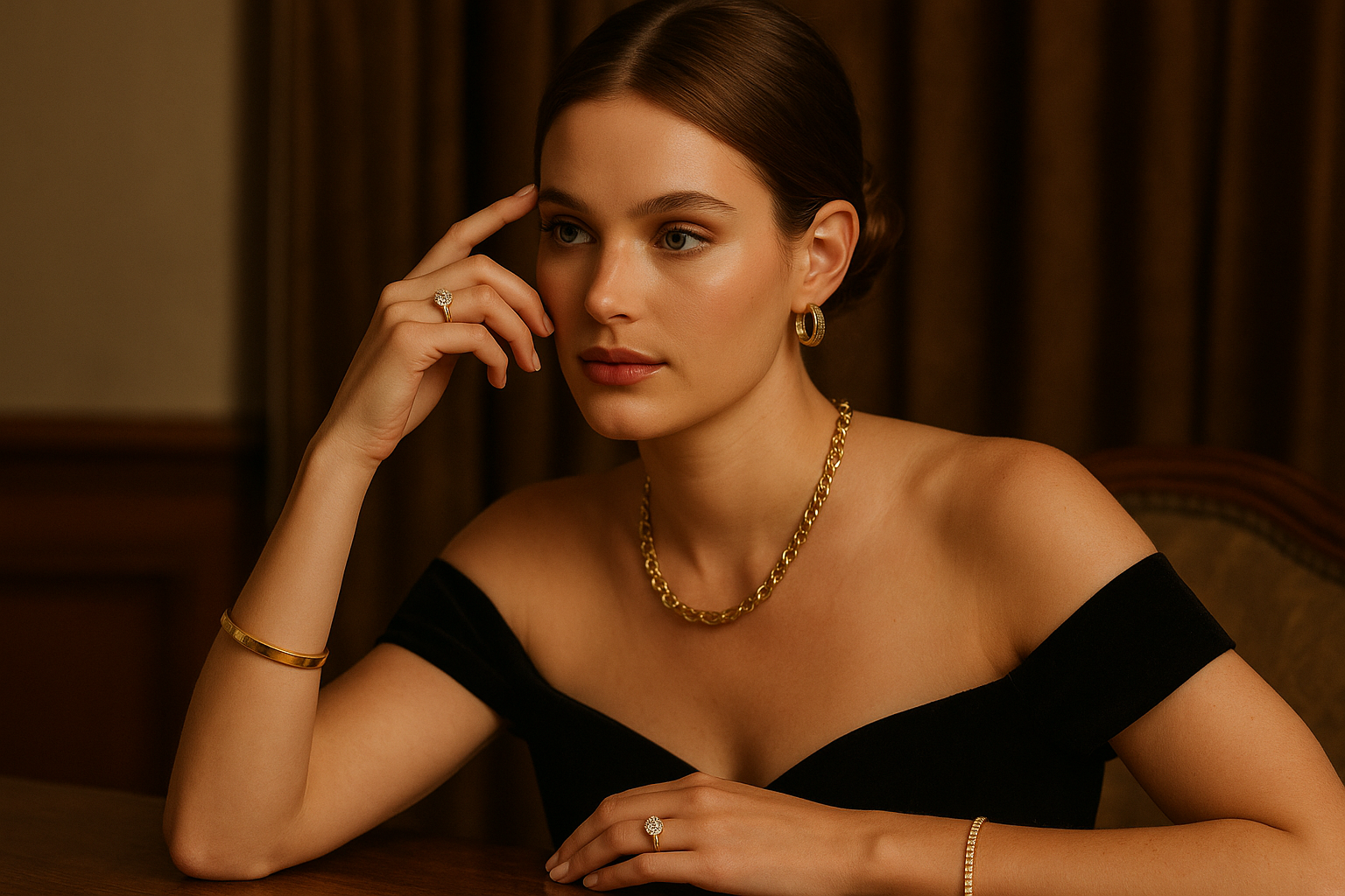 Woman wearing a black off-shoulder top and gold jewelry in a warm-toned setting