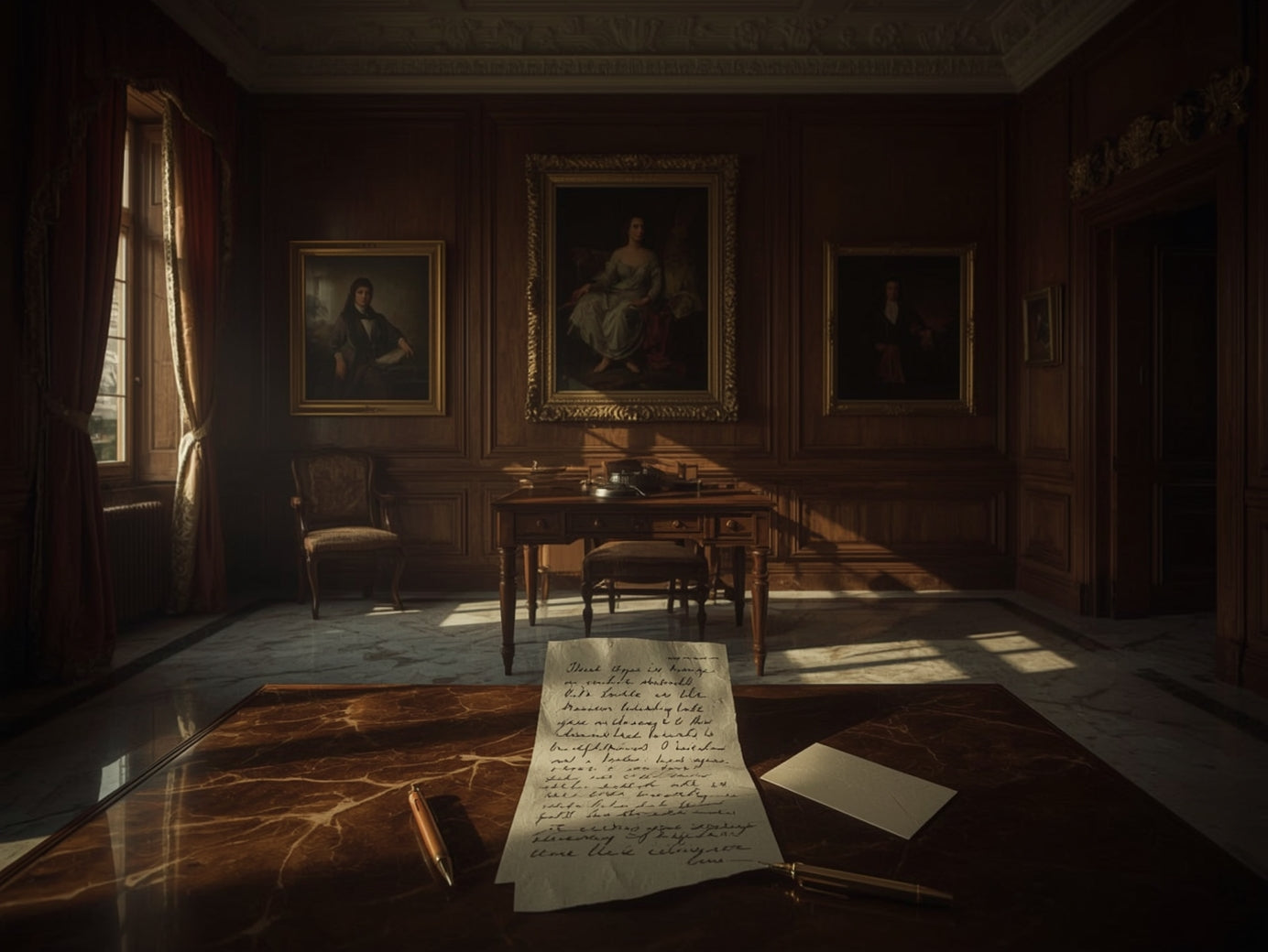 Dramatic interior of a room with wooden furniture, portraits on the walls, and a table with a document.