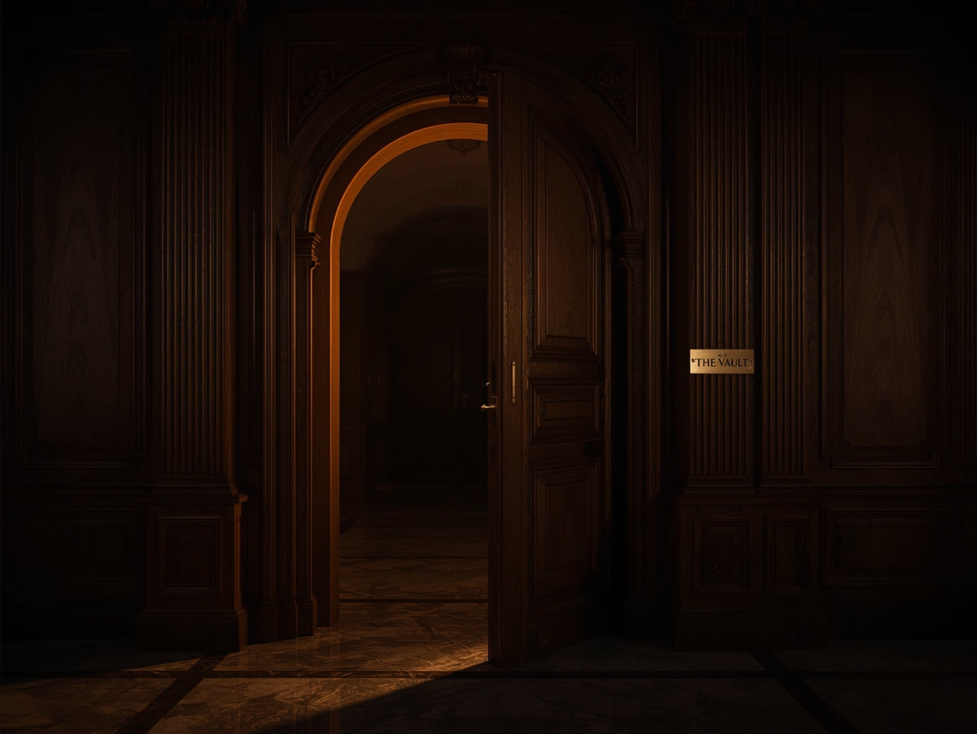 Dark hallway with an open door leading to a dimly lit room.