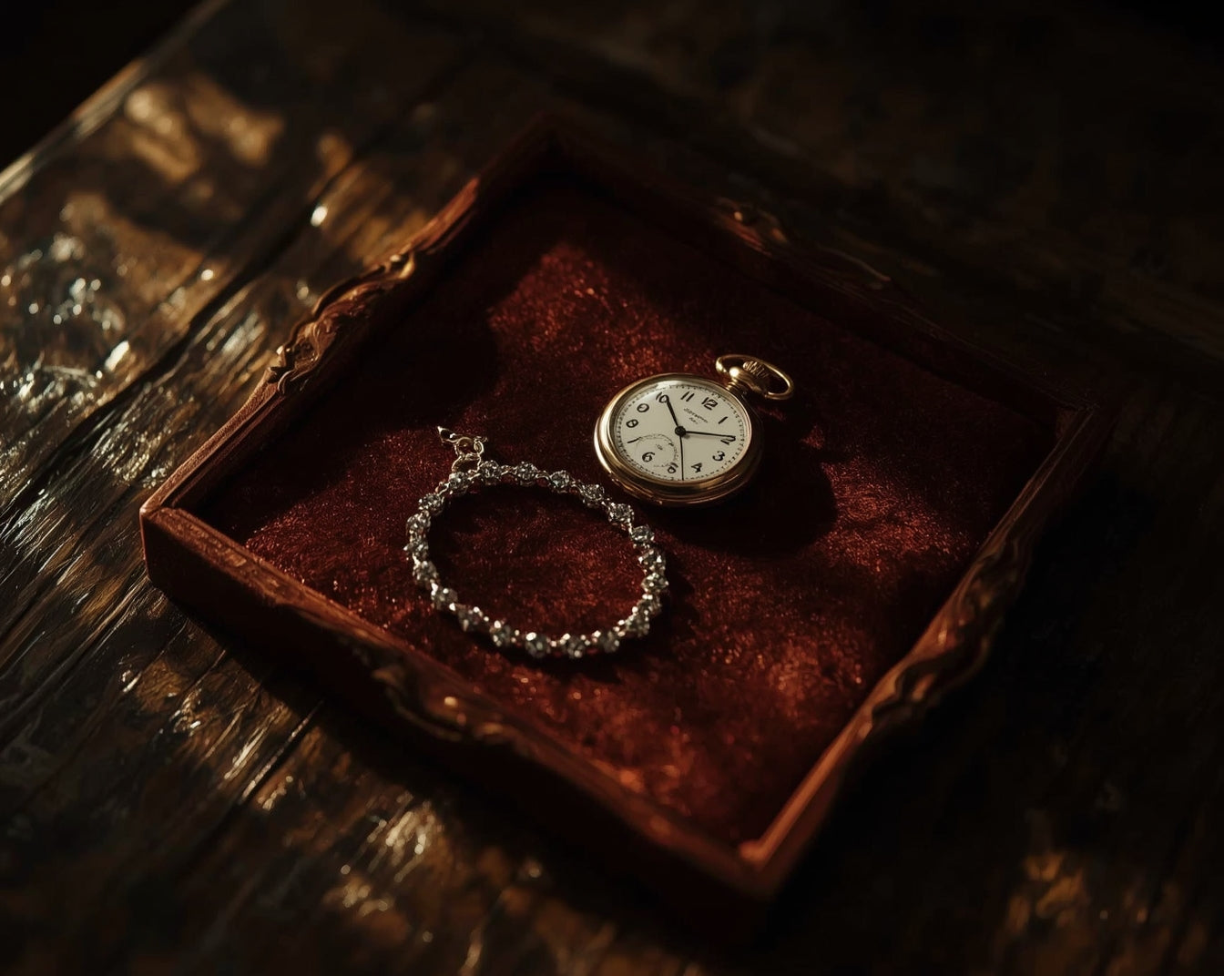 Vintage pocket watch on a red velvet cushion with a dark wooden background