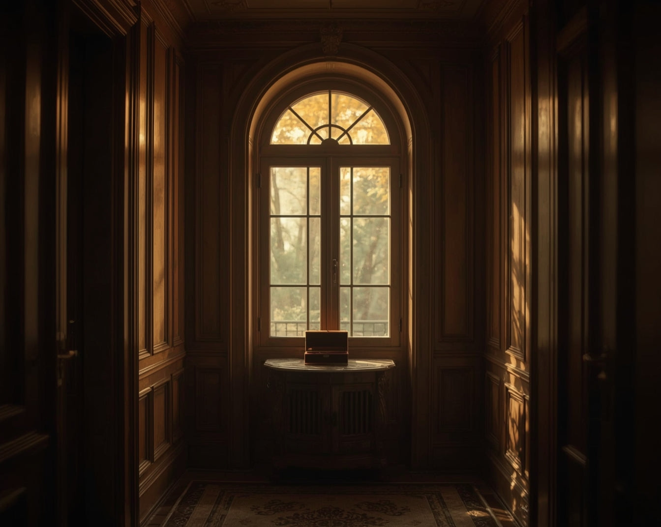 Arched window in a dimly lit room with wooden walls and a table in front.