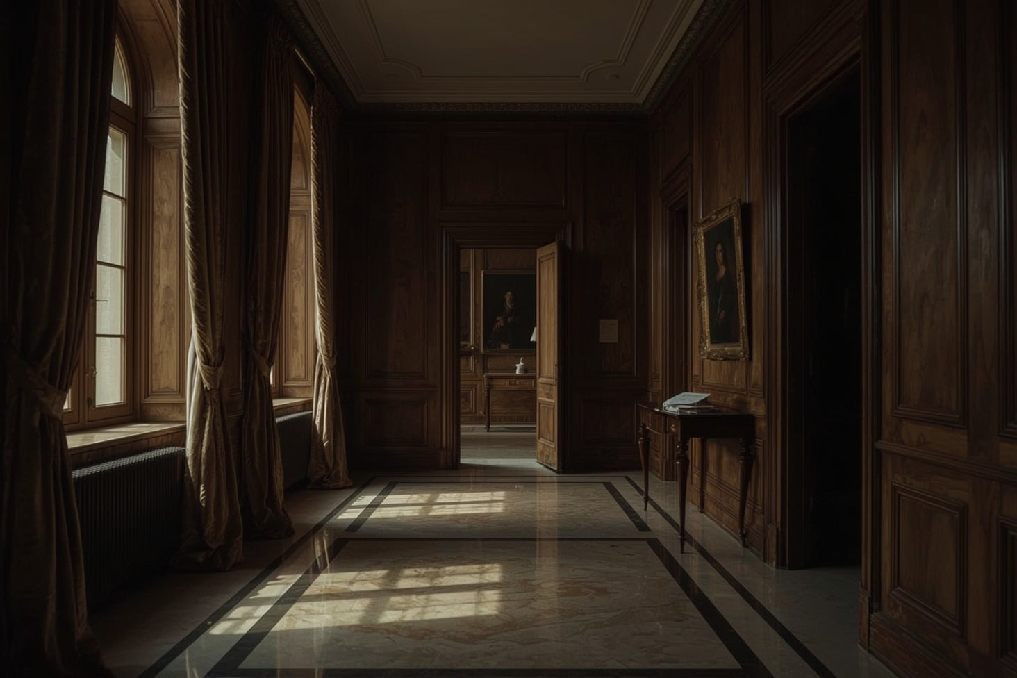 Dark, ornate hallway with wooden walls and large windows.