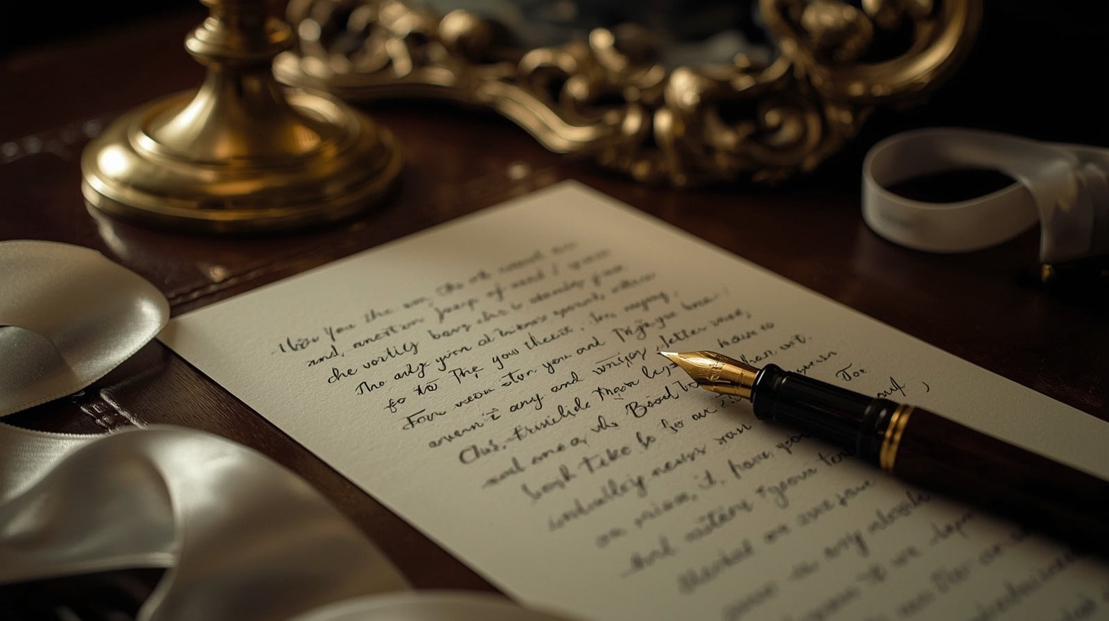Fountain pen on a piece of paper with writing, surrounded by decorative items on a wooden surface.