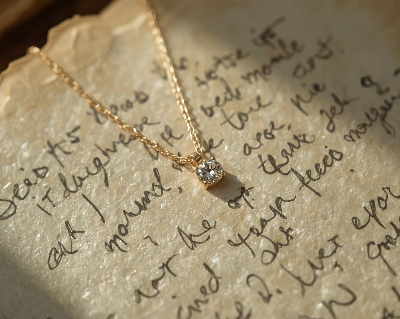 Gold necklace with a diamond pendant on a piece of handwritten text.