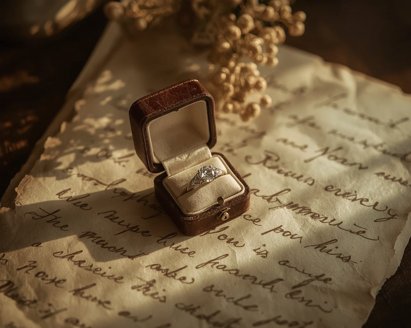 Ring in a wooden box on an old letter with dried flowers in the background