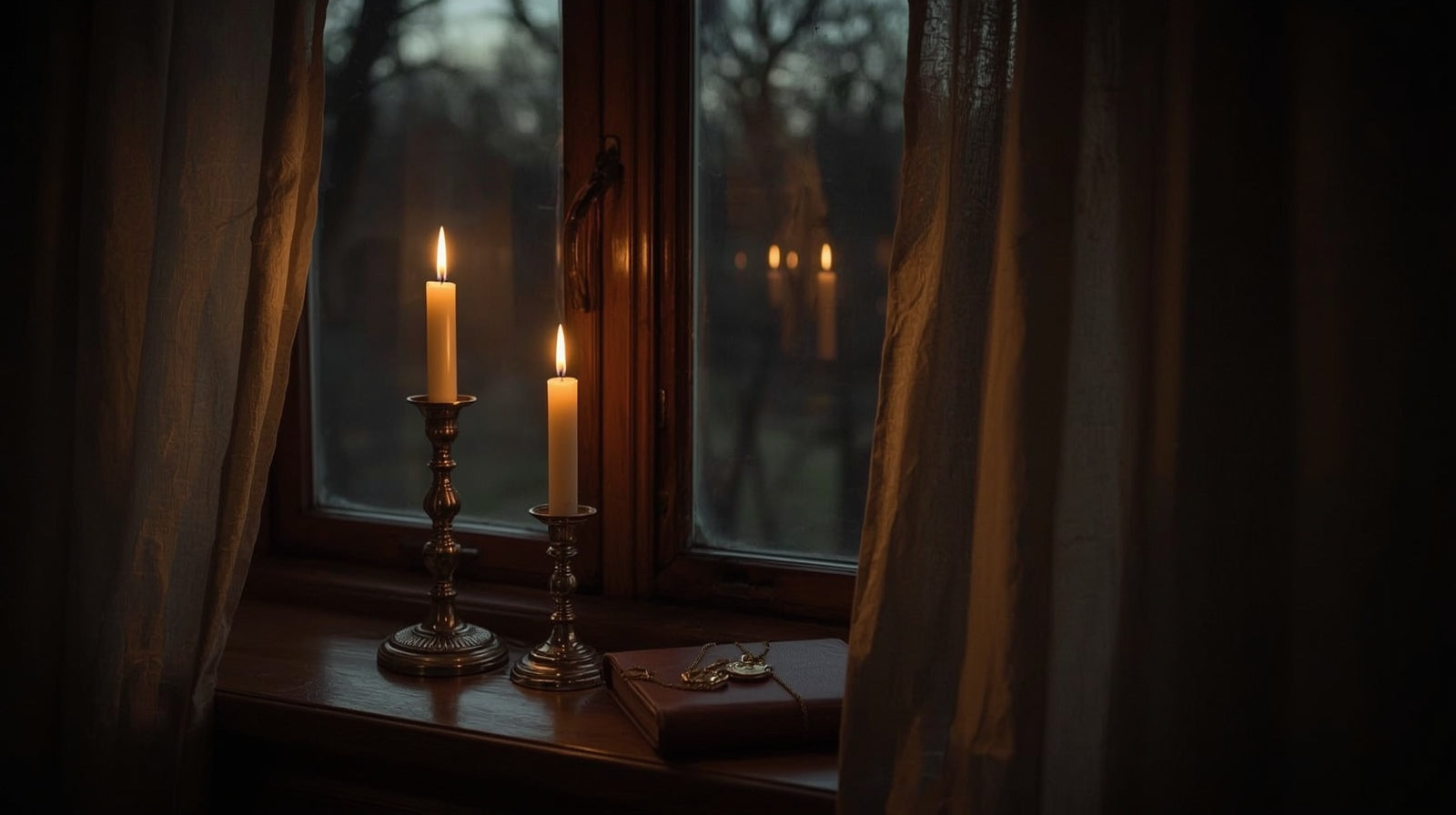 Candlelit scene with candles on a windowsill in a dimly lit room.