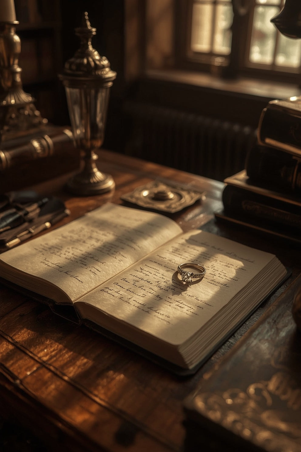Open book with a ring on a wooden surface, surrounded by vintage objects.