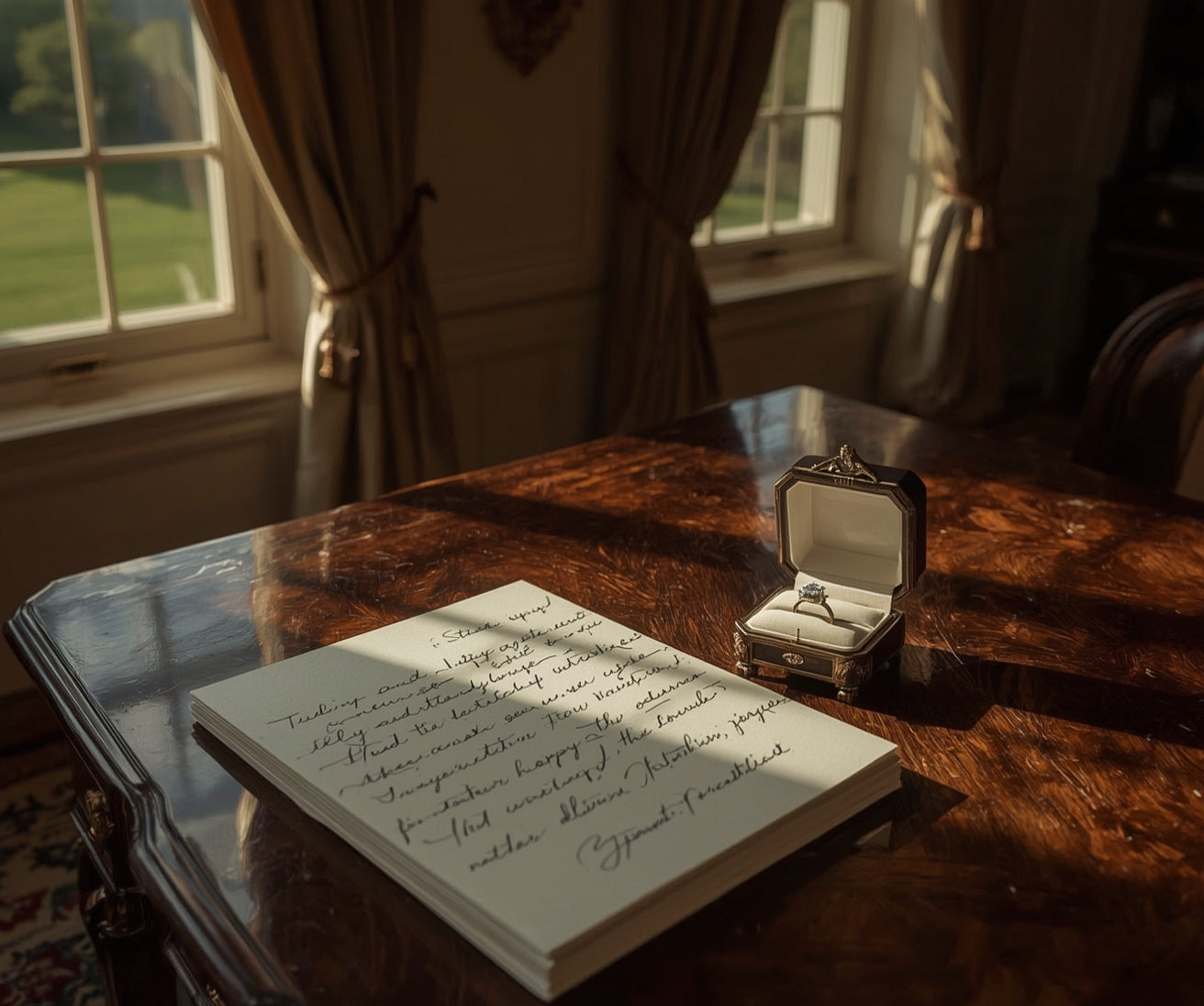 Handwritten letter on a wooden desk with a ring box next to it, in a room with sunlight streaming through windows.