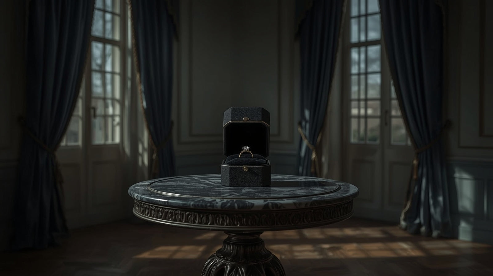 Ring in a black box on a marble table with draped curtains in the background
