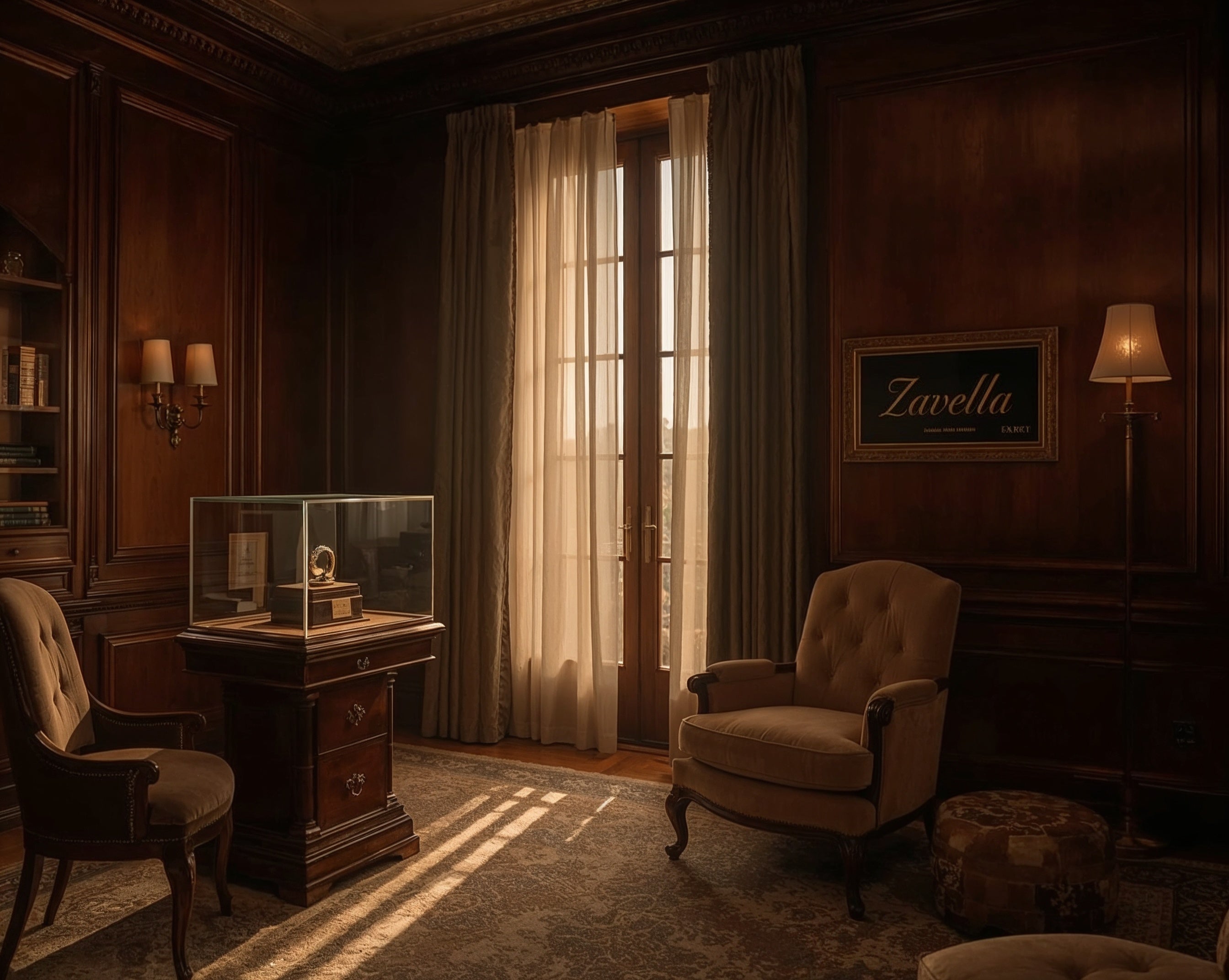 Vintage-style room with wooden furniture, a lamp, and a framed picture on the wall.
