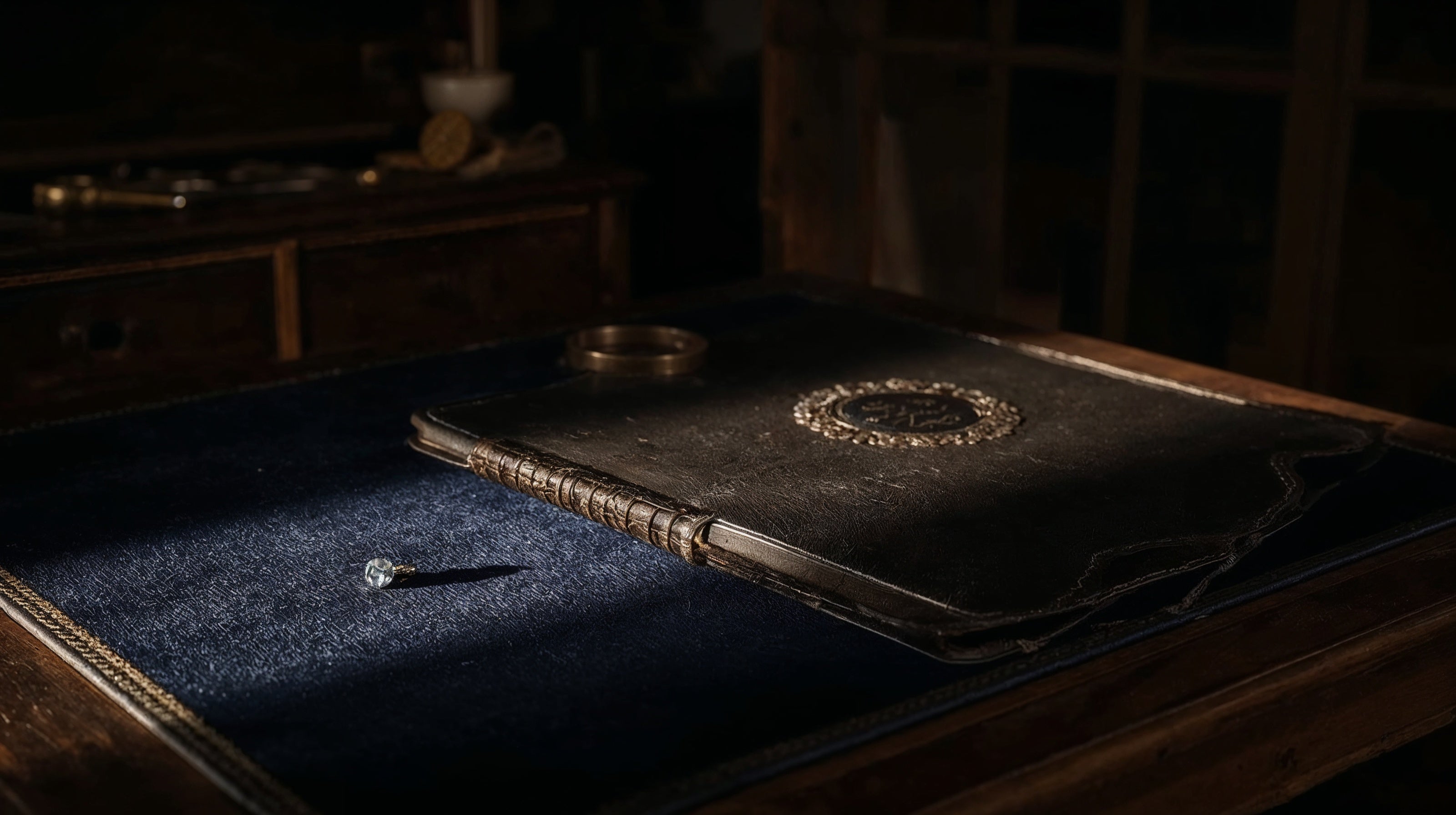 Diamond on a blue cushion next to an old leather-bound book with a gold emblem in a dimly lit room.